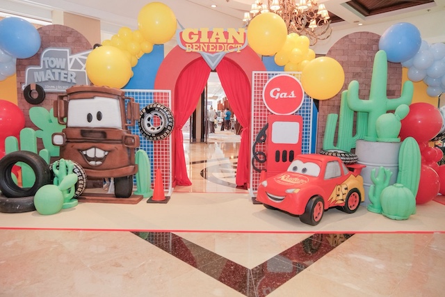 Pixar Cars themed party stage with Lightning McQueen